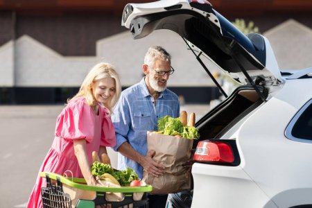 Foto de Esta imagen captura a una pareja de ancianos casados mientras cargan comestibles en su auto, ilustrando un recado rutinario pero alegre - Imagen libre de derechos
