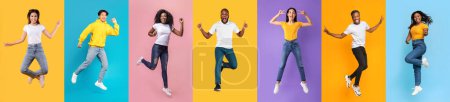 Téléchargez les photos : Un groupe joyeux de gens bondissant dans l'air sur fond de couleurs vives. - en image libre de droit