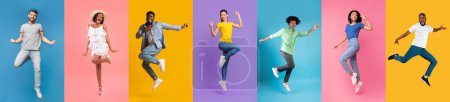 Téléchargez les photos : Une série de six individus différents expriment le bonheur à travers la danse, chacun dans un contexte de couleur unique. - en image libre de droit