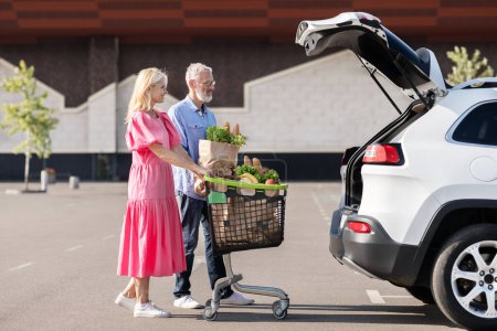 This image captures a senior married couple returning to their car with a shopping cart full of groceries, showing their ability to remain self-sufficient