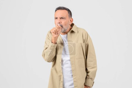 Photo for Sick senior man smoker coughing isolated on white background, grandfather suffering from cold or flu - Royalty Free Image