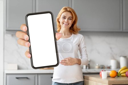 Une femme enceinte européenne présente un smartphone en cuisine, indiquant l'influence de la technologie sur la nutrition prénatale