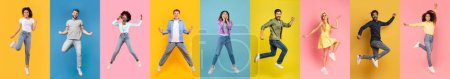 Happy Young Multiethnic Men And Women Jumping Against Colorful Backgrounds, Diverse Cheerful People Having Fun On Bright Studio Backdrops, Collage