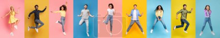 Photo for Vibrant Collage of Diverse People Jumping Against Colorful Backdrops, Happy Multiethnic Males And Females Having Fun On Bright Backgrounds, Panorama - Royalty Free Image