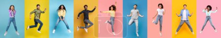 Vielfältige Gruppe von Menschen, die vor farbenfrohen Hintergründen mit Freude springen, Vielfalt und Glück vor lebendigen einfarbigen Kulissen zeigen, kreative Collage