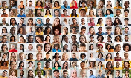Téléchargez les photos : Ce collage de portraits illustre la beauté de la diversité, mettant en vedette une tapisserie de personnes de divers horizons, créant un récit visuel de la diversité - en image libre de droit