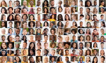 Téléchargez les photos : Un collage portrait mettant en valeur un groupe diversifié de personnes aux visages souriants pour mettre l'accent sur la diversité et l'unité sans identité individuelle - en image libre de droit