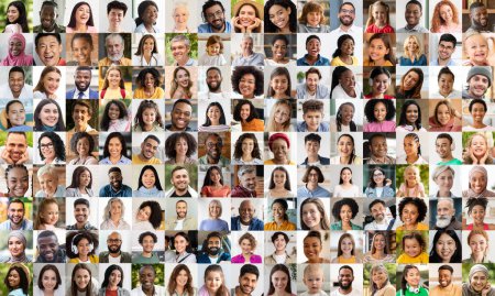 Téléchargez les photos : Cette image est une représentation visuelle de la diversité, avec un collage de visages différents mais unifiés symbolisant l'harmonie sociétale - en image libre de droit