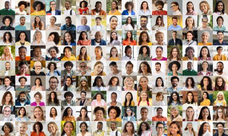This collage captures the essence of diversity with a vivid portrait collection of people from various ethnic backgrounds, smiling
