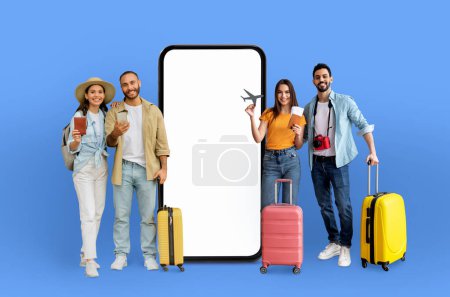 Photo for Diverse couples of explorers beside a giant phone screen, an exemplary display for technology applications, online offers, digital advertising, and isolated creative design - Royalty Free Image