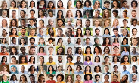 Foto de Este animado mosaico presenta una vibrante mezcla de rostros que representan a la humanidad global y celebran la diversidad cultural y la variedad étnica. - Imagen libre de derechos