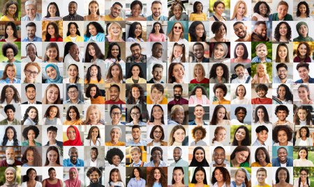 Foto de Haciendo hincapié en la diversidad, este collage borroso de diversos retratos de pueblos evoca la unidad sin distinguir rasgos individuales - Imagen libre de derechos