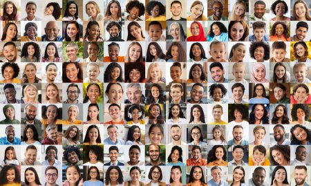 An expressive grid of diverse faces portraying a spectrum of ethnicities, gender, and ages showcasing human diversity in society