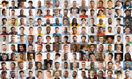 Collage of smiling various multiracial men portraits creating a pattern, emphasizing diversity in society