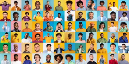 Un collage de grille dynamique montrant plusieurs individus hommes d'origines ethniques diverses exprimant joie et positivité