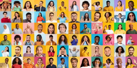 A vibrant and cheerful display of portraits, featuring people of various ethnic backgrounds smiling against colorful backdrops