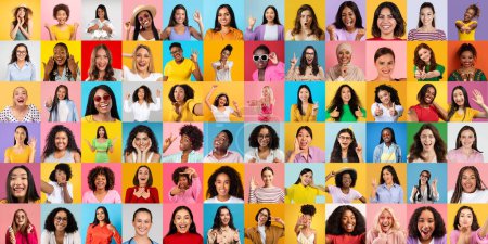 Un collage que muestra una amplia variedad de individuos, todas las mujeres que exhiben pura alegría y exuberancia con fondos coloridos
