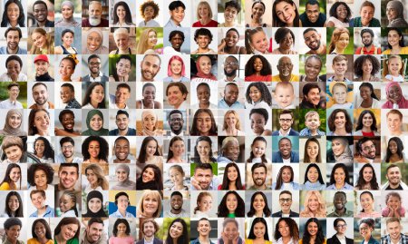 Eine dynamische Porträtcollage, die Vielfalt feiert, indem sie Gesichter von Männern und Frauen aus verschiedenen Bevölkerungsgruppen zusammenstellt, die gesellschaftliche Vielfalt und Vernetzung widerspiegeln