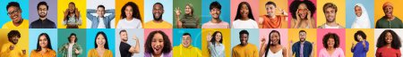 Dieses breite Banner zeigt eine Reihe unterschiedlicher, fröhlicher Individuen vor kontrastierenden farbigen Hintergründen