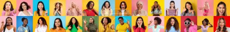 Collage coloré montrant une variété de femmes et leurs réactions à différentes situations sur fond coloré