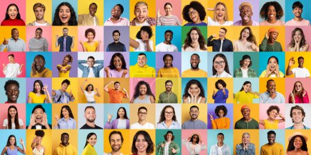 Diverse men and women captured with heartfelt smiles and laughter, epitomizing a sense of camaraderie against colorful backdrops