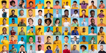 Téléchargez les photos : Cette collection présente des portraits individuels de différents gars souriants et montrant le bonheur sur des fonds colorés - en image libre de droit