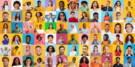 Téléchargez les photos : Une sélection colorée de portraits représentant différentes personnes avec un large éventail d'expressions et d'émotions - en image libre de droit