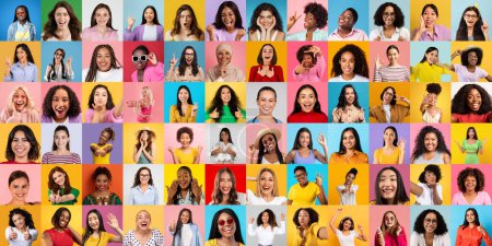 Foto de Un colorido despliegue de varias mujeres de diversos orígenes étnicos que muestran felicidad y risas - Imagen libre de derechos