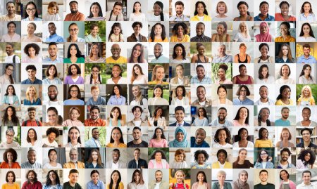 Téléchargez les photos : Ce collage de portraits exprime éloquemment la diversité avec une tapisserie d'hommes et de femmes heureux de différentes démographies - en image libre de droit