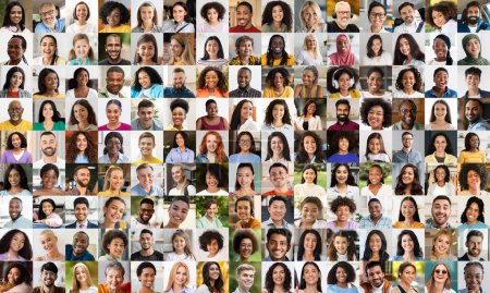 Téléchargez les photos : Une collection complète de portraits individuels assemblés en un collage coloré mettant l'accent sur la diversité et la beauté dans la différence des personnes - en image libre de droit