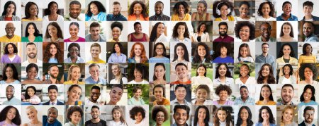 Una vibrante muestra de diversidad, esta imagen presenta un collage de retratos de personas de diferentes etnias, abrazando el concepto de una sociedad diversa