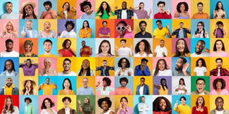 Cette image présente un collage de divers individus montrant le bonheur et la diversité avec des arrière-plans colorés vibrants