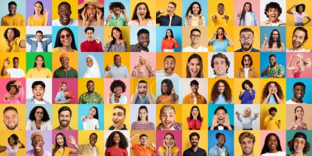 Una secuencia atractiva de individuos que representan la diversidad multirracial y un espectro de emociones contra fondos vívidos