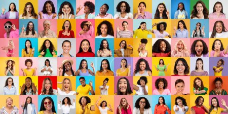Una serie de mujeres alegres de todo el mundo sonriendo brillantemente, representando la unidad y la belleza diversa