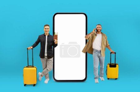 Businessman and traveler with suitcases beside a giant smartphone, indicating online travel technology, isolated on a turquoise background