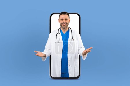 A telemedicine consultation scene featuring a mature man doctor inside a smartphone, set in a professional clinic with minimalistic decor