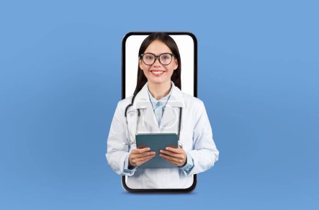 A young lady physician offers remote consultation, visible on a smartphone screen, surrounded by soft lighting and medical charts.