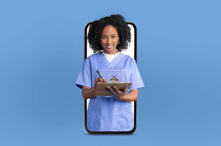 African American woman doctor appears inside a smartphone for online consultations, exemplifying modern medicine in a stylish clinic environment.
