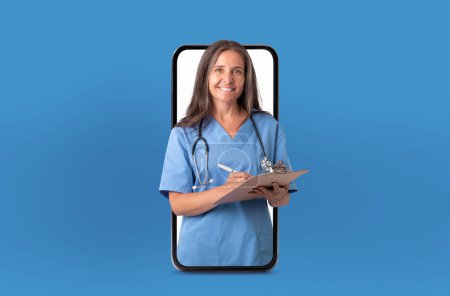 Middle aged lady physician offers remote consultation, visible on a smartphone screen, surrounded by soft lighting and medical charts.