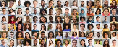 Collages of faces from various backgrounds depicting diversity, a visual representation of the global community and people connection