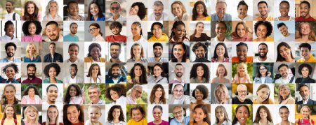 Photo for Collage of smiling various multiracial men and women portraits creating a pattern, emphasizing diversity in society - Royalty Free Image