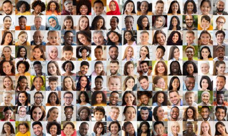 Téléchargez les photos : Cette grille vibrante de divers visages humains offre un aperçu de la variété des personnes qui composent notre monde, parfait pour représenter les concepts d'unité dans la diversité - en image libre de droit