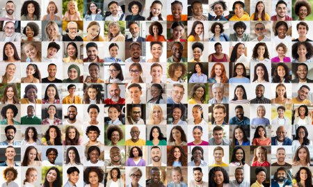 Foto de En este collage único y moderno de imágenes de personas diversas, el patrón perfecto celebra la diversidad humana, adecuada para los conceptos de unidad en la diversidad, la inclusión social y la comunidad - Imagen libre de derechos