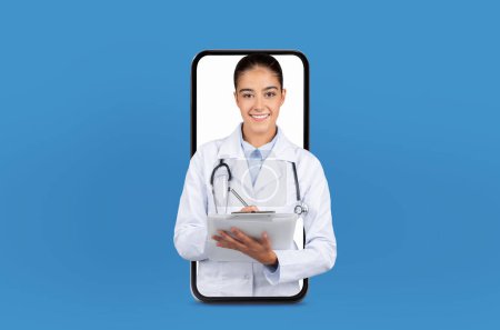 A young woman doctor stands in the interface of a telemedicine app, ready to consult patients in a virtually enhanced medical setting