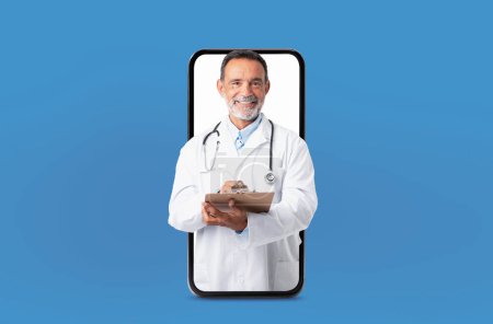 An elderly man doctor appears on a smartphone screen, dressed in a lab coat, ready to offer telehealth services, against a soft blue backdrop