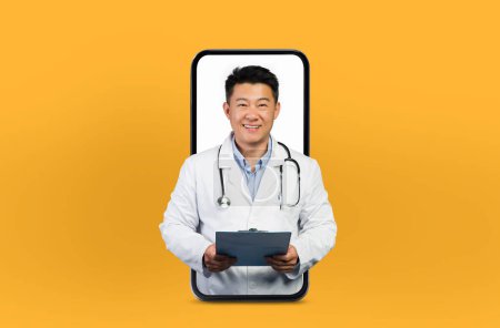 Asian mature man doctor provides health advice through a smartphone, standing inside the screen in a serene and professional setting