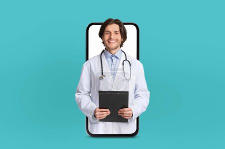 A young doctor delivers a virtual healthcare consultation, depicted within the blank screen of a smartphone, in a sleek medical environment.