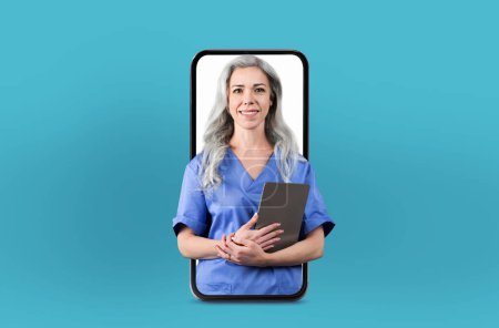 A virtual healthcare consultation is conducted by middle aged woman physician displayed within a smartphone, in a clean and contemporary setting.