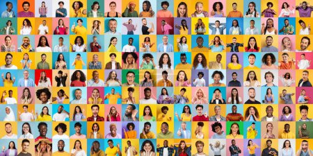 Foto de Un telón de fondo multicolor realza la diversidad multirracial y multiétnica de personas internacionales alegres en este animado collage - Imagen libre de derechos