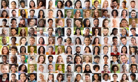Este collage presenta un retrato de la diversidad, con personas de diferentes edades y etnias coexistiendo en una colección visual armoniosa y diversa